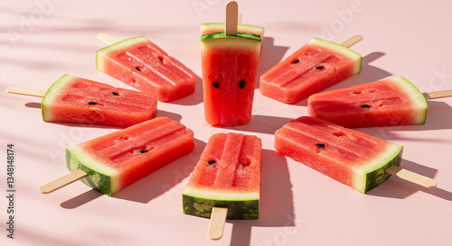 Fresh, juicy red watermelon slices, a sweet and healthy summer fruit dessert on a white plate