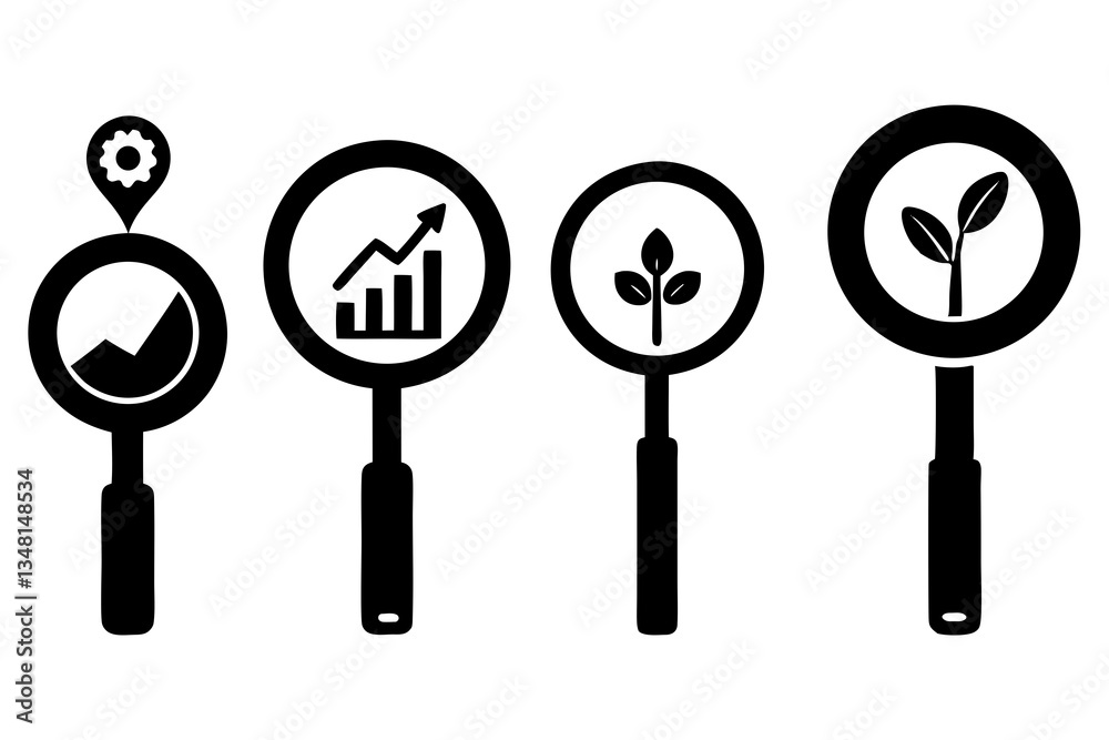 set of creative magnifying glass with growth icon silhouette vector illustration isolated on white background set of creative magnifying glass with growth icon silhouette vector illustration isolated on white background