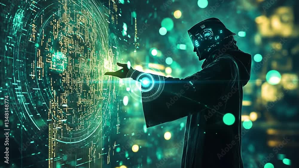 Futuristic Cyberpunk Operator Interacting with Advanced Technology Interface in Dark Setting Futuristic Cyberpunk Operator Interacting with Advanced Technology Interface in Dark Setting