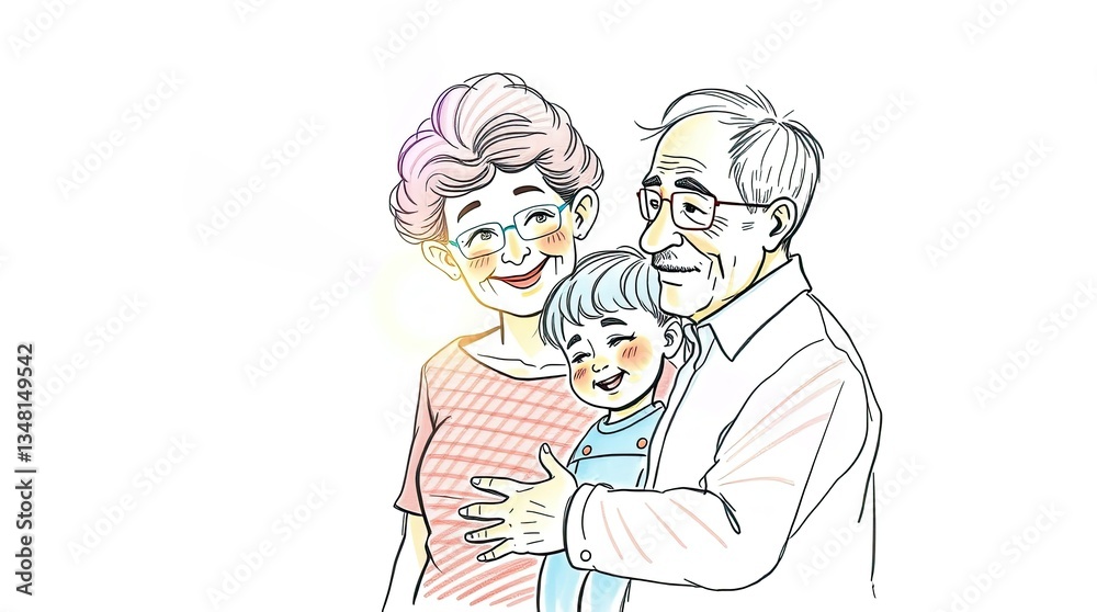 Grandparents stand together with their smiling grandchild showcasing a loving bond during a sunny day in a cheerful inviting atmosphere