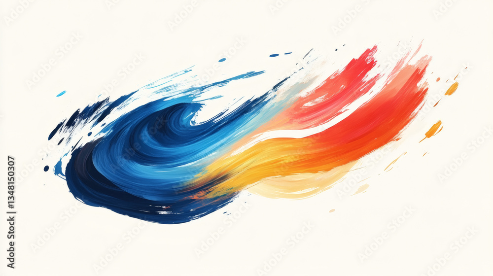Fototapeta premium Abstract Brushstroke Painting with Gradient of Blue Yellow and Red Colors on White Background