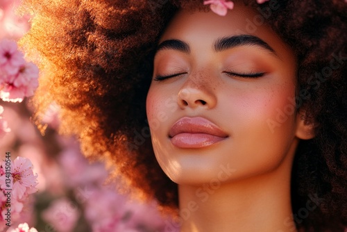 Commercial marketing concept art creative design. Spring mood, golden hour in sunset. Attractive black young woman surrounded by cherry blossoms. Beautiful woman in cherry blossoms.