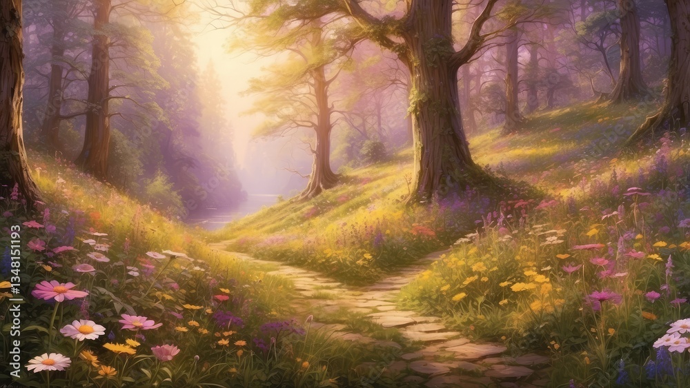 Obraz premium A lush, sun-dappled forest floor.