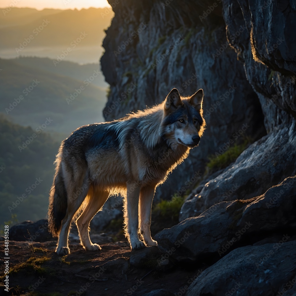 Fototapeta premium Cave Wolf Emerging from Foggy Cave at Dawn