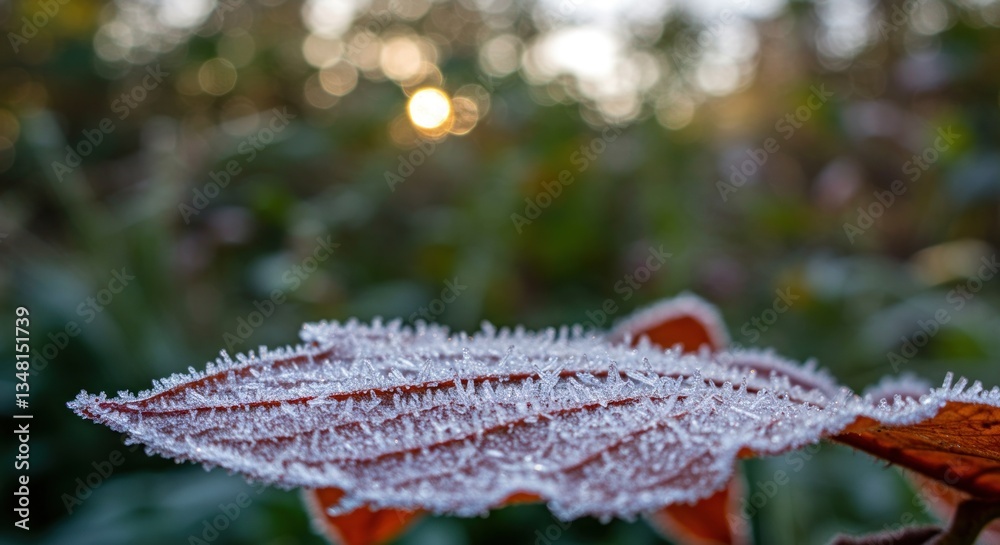 Fototapeta premium Frosted Leaf Closeup with Forest Background and Warm Sunlight Glow