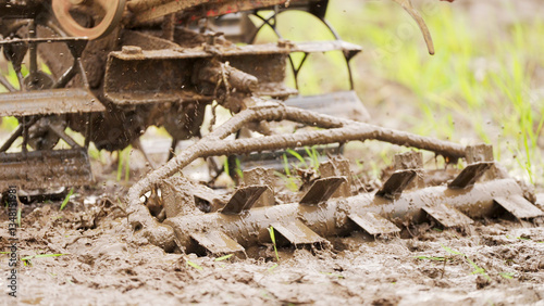 Close-up of harrow tool in use behind hand tractor on a rice field, agricultural equipment in southeast asia
