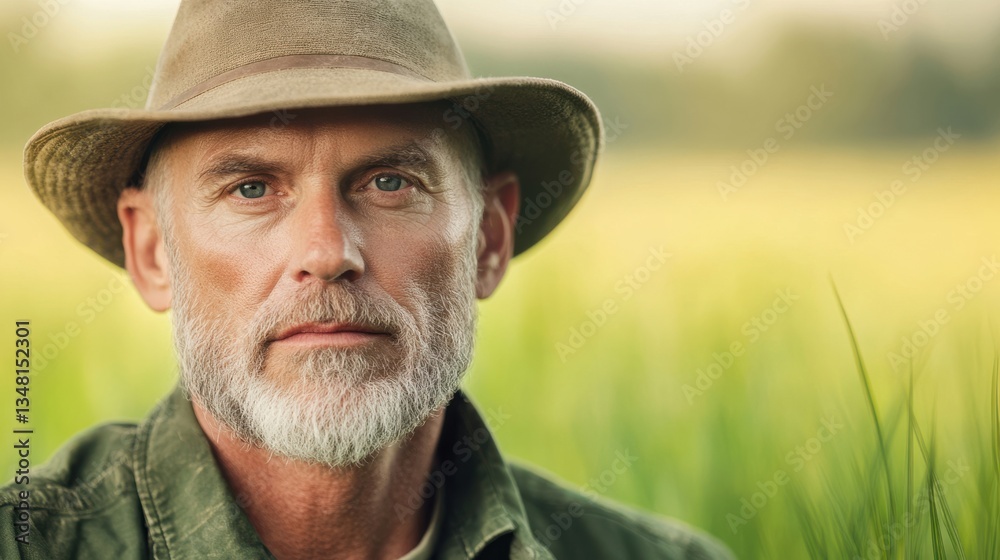 Thoughtful Farmer with Hat in Vibrant Green Field at Dusk Thoughtful Farmer with Hat in Vibrant Green Field at Dusk