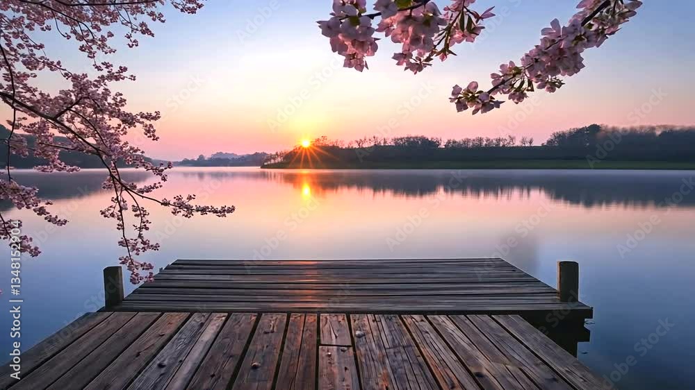 Serene sunset over a tranquil lake with cherry blossoms framing the dock