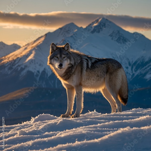 Majestic Kenai Peninsula Wolf Standing on Mountain Ridge, Surrounded by Snow