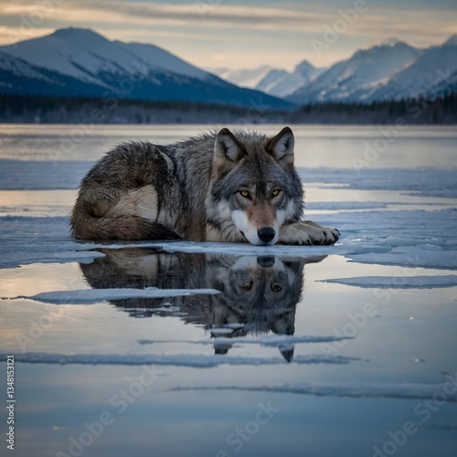 Majestic Kenai Peninsula Wolf Lying by the Edge of a Frozen Lake