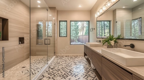 A modern bathroom with a glass shower, double sinks, and a patterned tile floor
