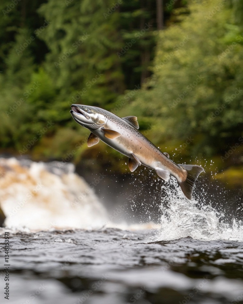 Fototapeta premium Salmon jumping in clear river wilderness nature photography lush forest action shot wildlife conservation