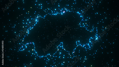 Futuristic digital visualization of Switzerland map composed of glowing blue particles. The abstract cosmic design gives a sci-fi atmosphere with a modern and technological feel.