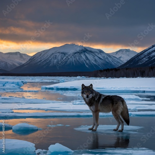 Baffin Island Wolf Standing at the Edge of a Frozen River