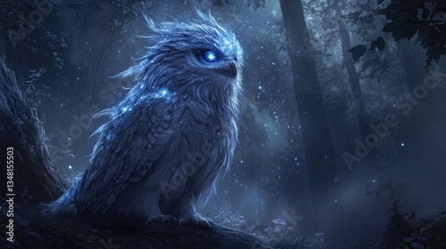 A white owl with glowing blue eyes perched on a branch in a dark forest