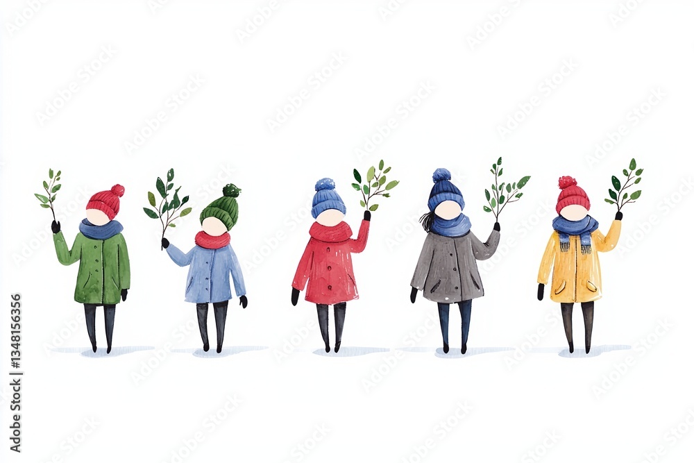 Fototapeta premium Five stylized figures in winter clothing hold green branches, symbolizing nature and togetherness against a snowy background.