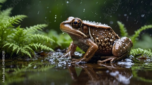 Energetic Wood Frog Leaping Through Moist Forest Floor, Surrounded by Ferns and Dew Drops