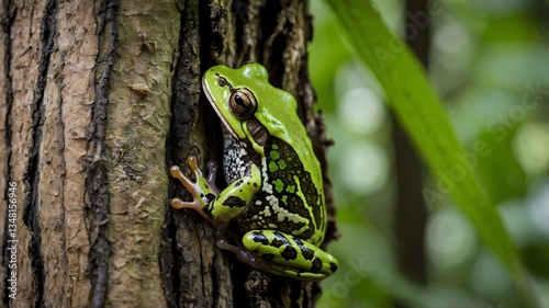 Tranquil Wood Frog Amidst Fallen Leaves in Sunlit Forest Clearing