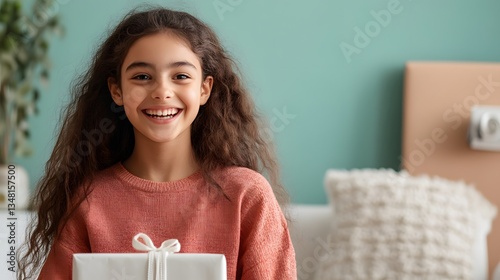 A young woman with long curly hair excitedly opens a gift radiating enthusiasm and joy as she anticipates the contents inside