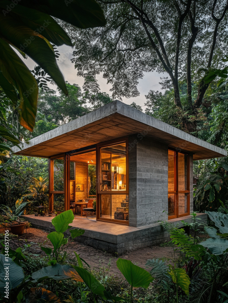 Naklejka premium A traditional wooden house surrounded by trees in a peaceful natural setting