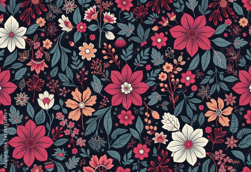 Intricate, repeating pattern featuring stylized Nordic flora and fauna in muted jewel tones, illustration, ice Intricate, repeating pattern featuring stylized Nordic flora and fauna in muted jewel tones, illustration, ice