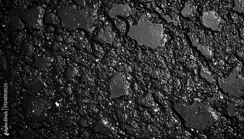 Close-up of Shiny Black Asphalt Road Surface Texture and Detail