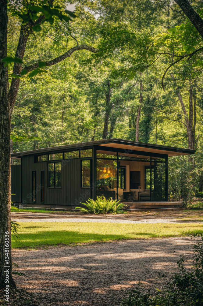 Fototapeta premium Cozy wooden house in the forest with a bridge and gazebo surrounded by trees and autumn foliage in a peaceful park setting