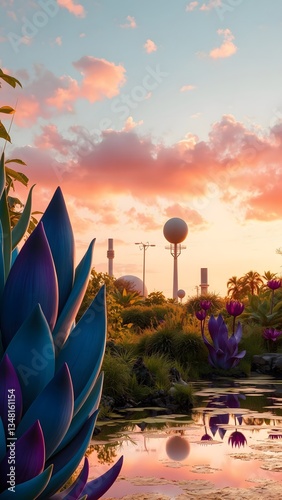 Surreal Sunset Landscape with Futuristic Elements