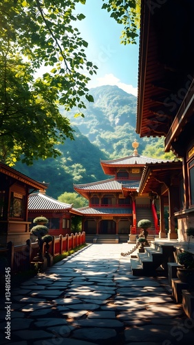 Tranquil Asian Temple in Lush Valley