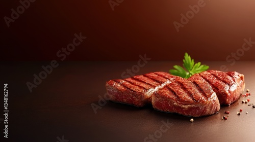 Succulent grilled steak placed on a wooden table ready for enjoyment with copy space for textual overlays or branding