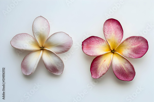 Delicate Pink and White Frangipani Flowers with Soft Shadows on a Light Background