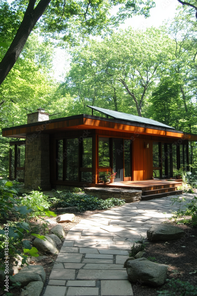 Naklejka premium Traditional wooden gazebo in a peaceful park surrounded by trees and nature, blending with a serene garden and forest landscape, evoking a calm summer day in a Japanese village