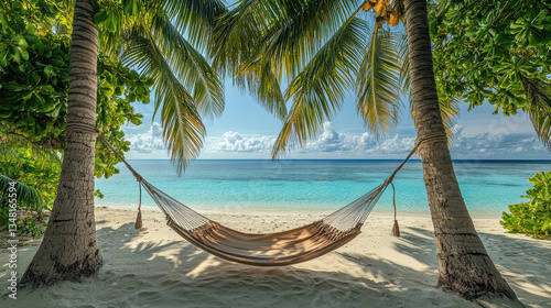 serene hammock strung between two palm trees offers perfect view of tranquil ocean and clear blue sky, creating inviting atmosphere for relaxation and escape