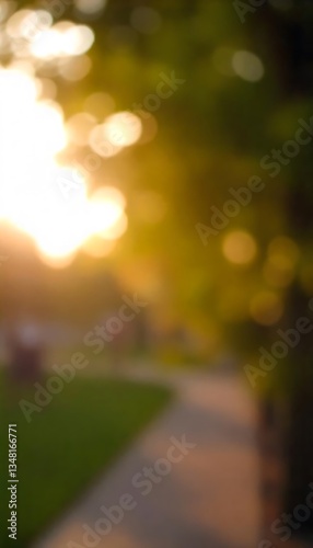 Generative AI Serene Park Path at Golden Hour, Abstract Impression of Nature and Tranquility, Soft Focus