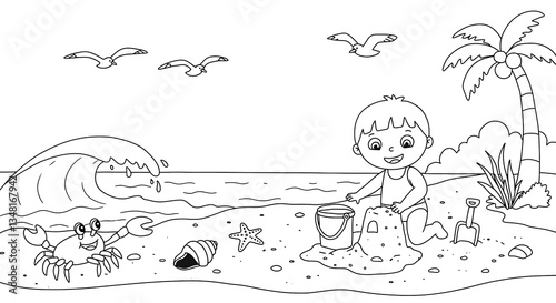 simple black and white beach colouring page for kids
