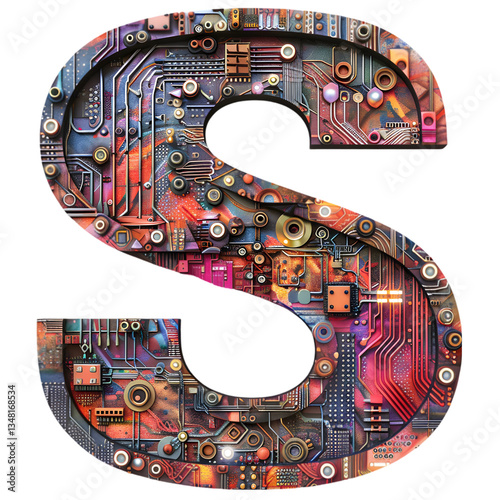 Letters S, Alphabet Made digital patterns, like circuit boards, robotic parts, or pixel art. isolated on a transparent background