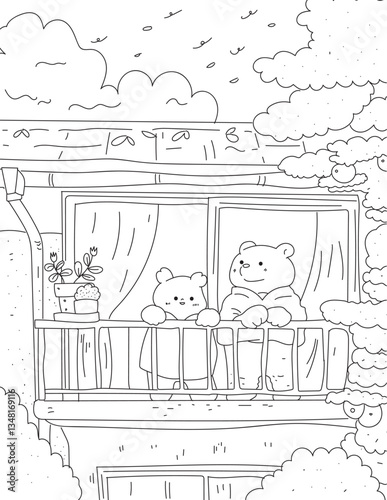 Coloring picture of two bears watching the scenery on the balcony