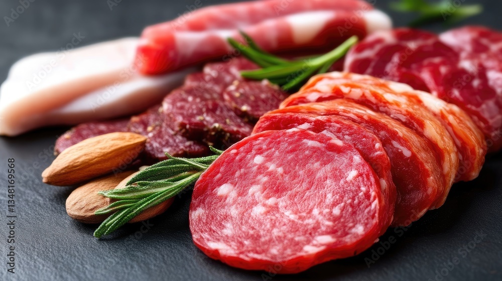 Assorted cured meats and sausages. Close-up view of sliced delicacies, including salami, prosciutto, and other cured meats. Almonds and fresh rosemary sprigs are interspersed Assorted cured meats and sausages. Close-up view of sliced delicacies, including salami, prosciutto, and other cured meats. Almonds and fresh rosemary sprigs are interspersed