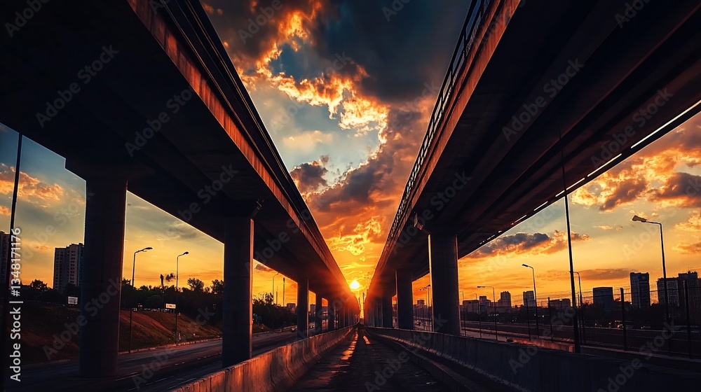 Urban Sunset: A Stunning View Between Elevated Highways at Twilight Urban Sunset: A Stunning View Between Elevated Highways at Twilight