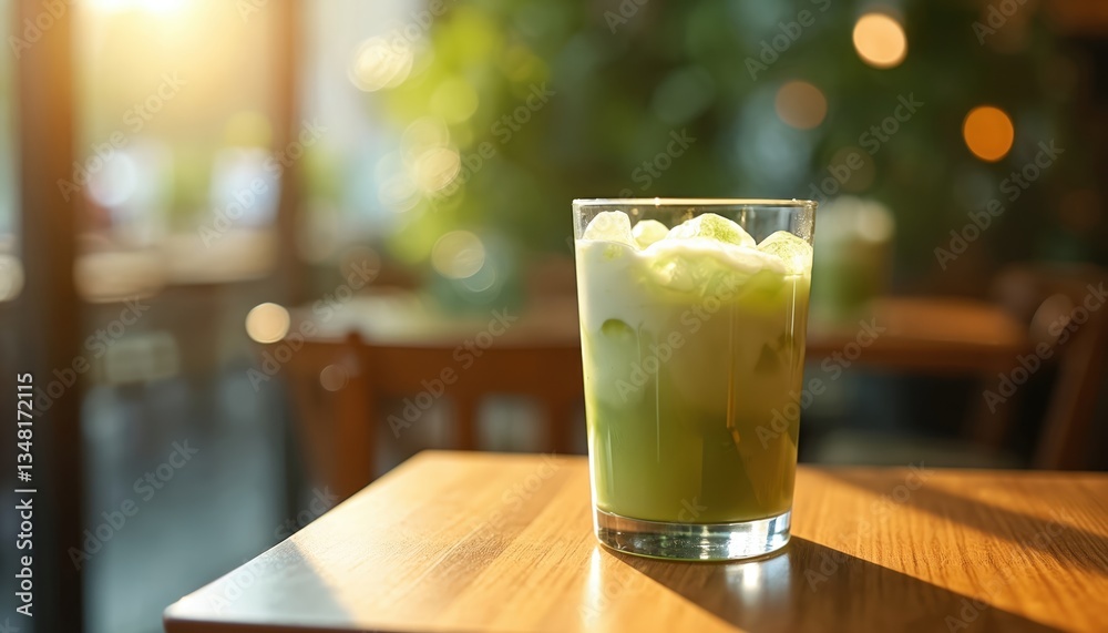 Iced matcha latte in glass on wooden cafe table. Green tea drink with ice cubes, cream. Refreshing healthy beverage, vegan drink, summer refreshment. Japanese cafe interior, food photography. Iced matcha latte in glass on wooden cafe table. Green tea drink with ice cubes, cream. Refreshing healthy beverage, vegan drink, summer refreshment. Japanese cafe interior, food photography.