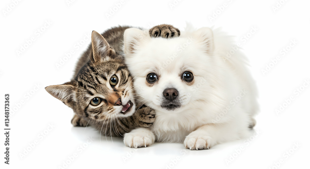 Affectionate Tabby cat and White Pomeranian dog Affectionate Tabby cat and White Pomeranian dog
