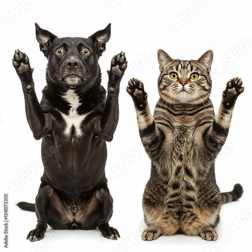 Funny Tabby cat and black dog with paws raised photo