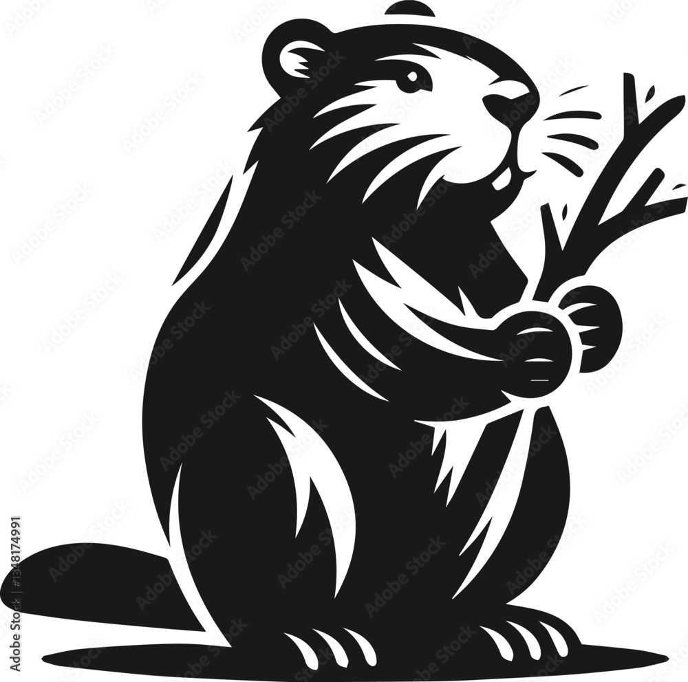 Obraz premium Beaver holding a small branch in its front paws vector