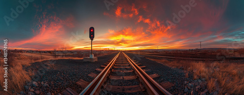 Dramatic Sunset over Railway Tracks with Red Signal in Scenic Panorama Landscape with Fiery Sky and Infrastructure in Nature Background at Dusk