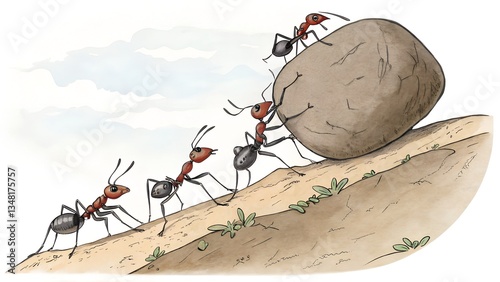 Ants' Collaborative Endeavor: A watercolor illustration captures ants working together, showcasing the power of teamwork and collective effort in carrying a large rock uphill against a light blue sky.