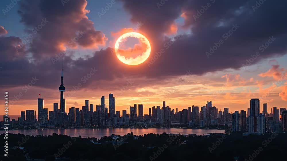 Dramatic Toronto Skyline at Sunset with Moon-like Orb over the City Dramatic Toronto Skyline at Sunset with Moon-like Orb over the City
