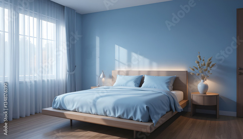 A serene blue bedroom with a minimalist design, enhanced by natural light, creating a calm and peaceful atmosphere.

