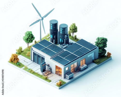 Futuristic isometric 3D render of a smart power system integrating wind energy