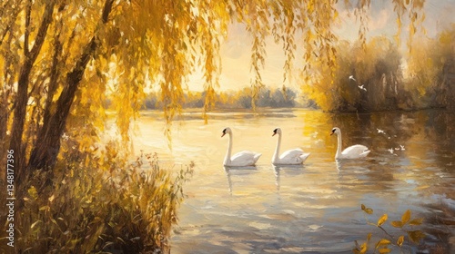 Fototapeta Naklejka Na Ścianę i Meble -  Three white swans swim in a calm lake, surrounded by golden autumn foliage
