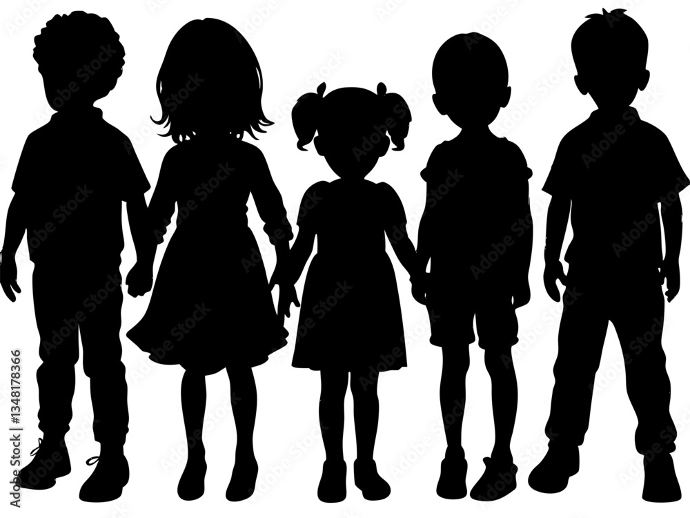 Fototapeta premium Silhouettes of Five Children Standing Together